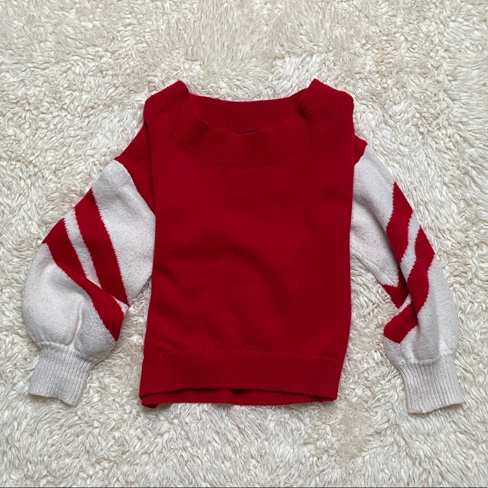 Red White Striped Sleeve Funnel Neck Sweater